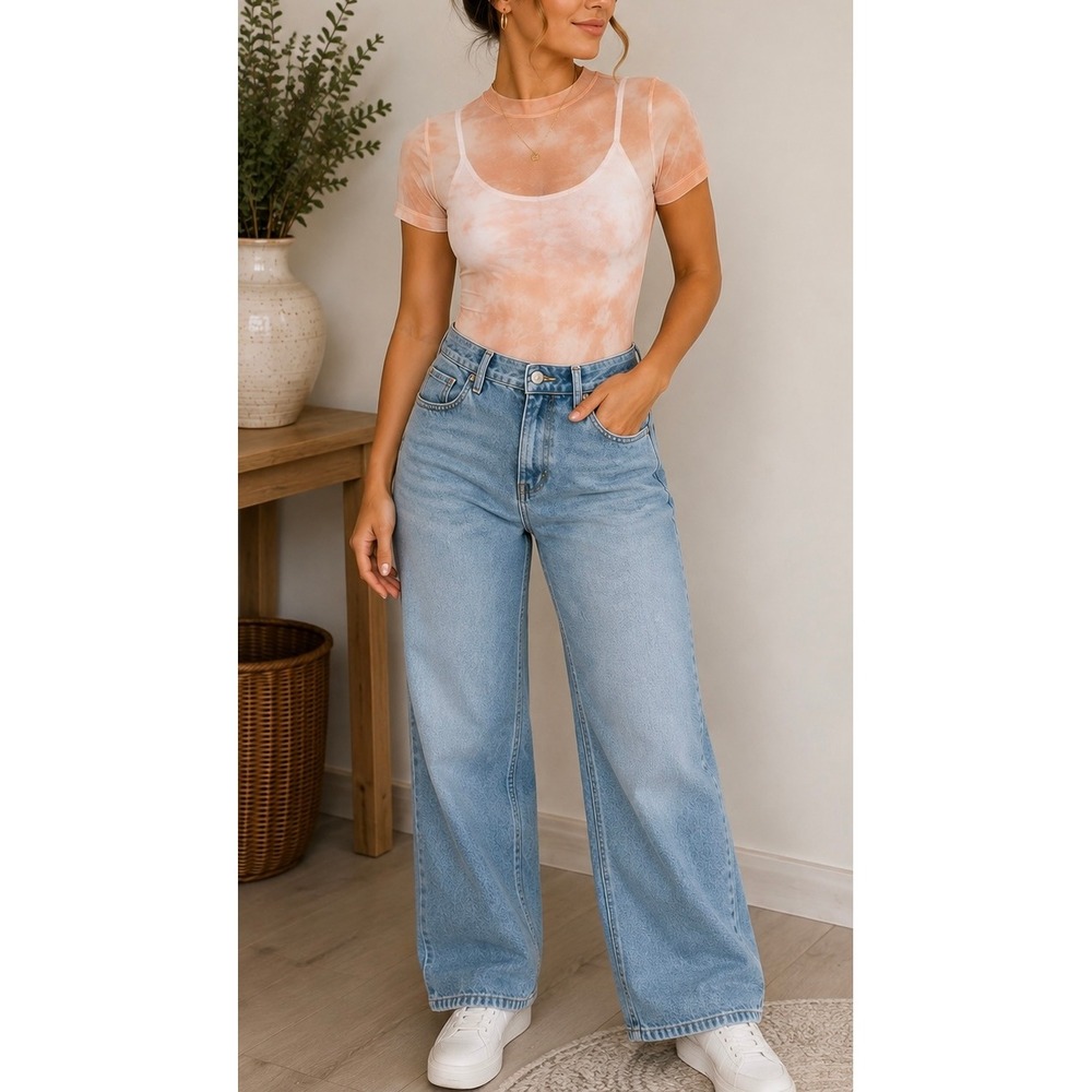 Peach Tie Dye Sheer Mesh Short Sleeve Bodysuit Size-S